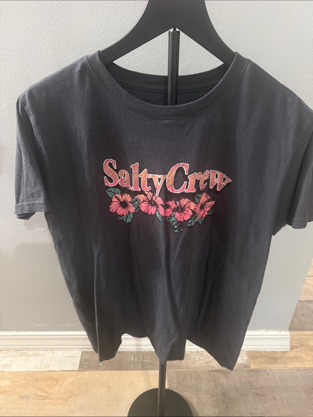 Salty Crew Black Tee with Pink Floral Logo